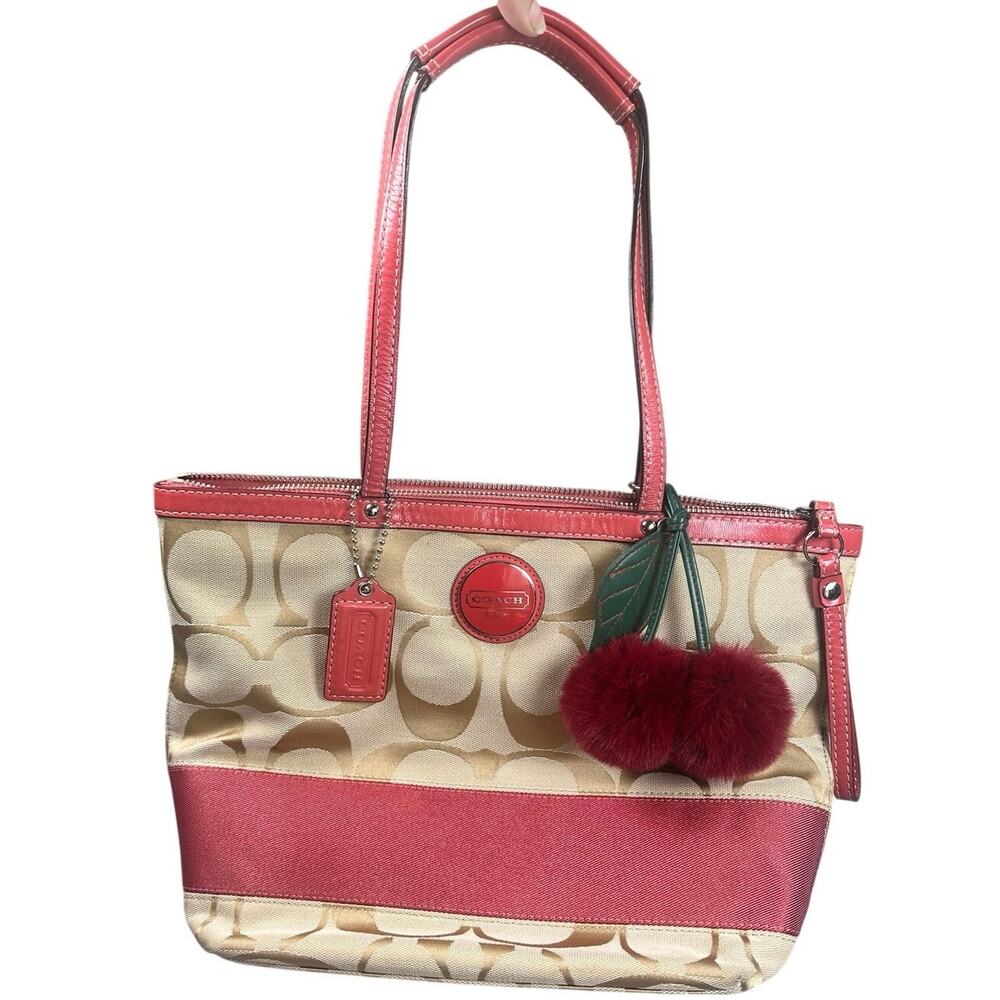 Coach Signature Stripe Gallery Tote Jacquard Leather Coral Cherry Charm Y2K